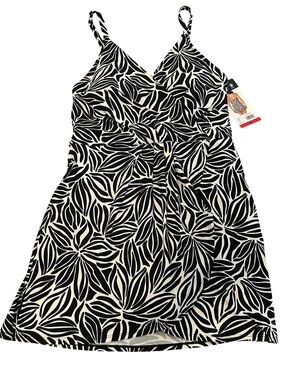 LANDS END Black & White Bathing Suit Swim Dress. Optional Cross Straps UPF 50. M